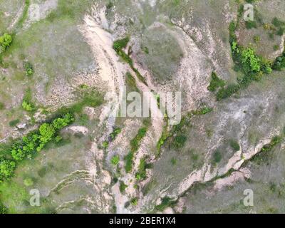 Soil denudation and and wash-out due to erosion. Aerial view Stock ...