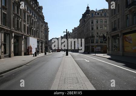 A view along Regent Street, London, looking from Oxford Circus towards Piccadilly, as the UK continues in lockdown to help curb the spread of the coronavirus. Stock Photo