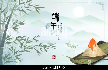 Happy Dragon Boat Festival background template traditional food rice dumpling and bamboo leaf with elegant nature landscape lake mountain view. Chines Stock Vector