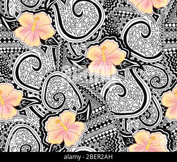 Hibiscus flower and tattoo tribal seamless repeating pattern. Polynesian hawaiian style tribal tattoo and yellow hibiscus florals background. Use for Stock Photo