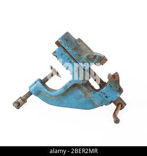 The metalwork tool - Blue rusty old a vise on a white background Stock Photo