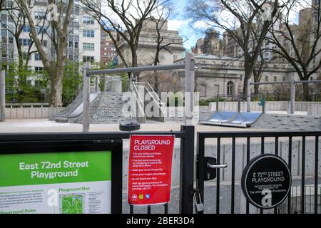 East 72nd playground in Central Park closed during coronavirus pandemic, New York City. Stock Photo
