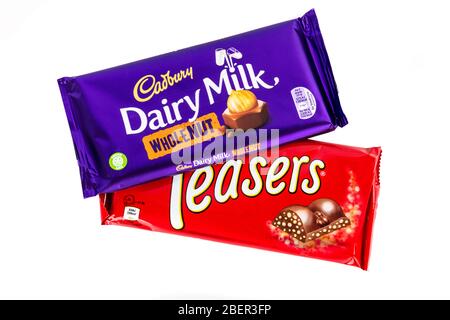 Chocolate bars, bars of chocolate, Cadburys dairy milk, cadbury dairy milk, bar, bars, Malteasers, teasers, chocolate, UK, chocolate bar, Stock Photo