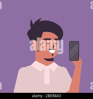 indian man taking selfie photo on smartphone camera smiling male cartoon character portrait vector illustration Stock Vector