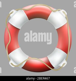 Red life buoy with rope. Isolated on neutrally grey background. Rescue circle for quick help. EPS 10 Stock Vector