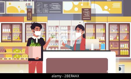 indian cashier and man customer in medical protective masks quarantine coronavirus epidemic concept people buying goods in grocery store supermarket interior portrait horizontal vector illustration Stock Vector
