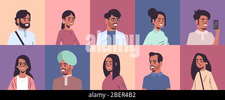 set indian men women avatars smiling male female cartoon characters collection horizontal portrait vector illustration Stock Vector