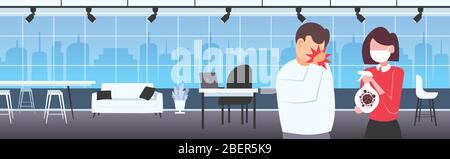 sick man having dry cough woman applying antibacterial spray to prevent spread of coronavirus office interior horizontal portrait vector illustration Stock Vector