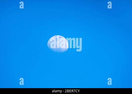 Blurred moon in the blue sky of a sunny day. Moon with the blue sky of day. Stock Photo