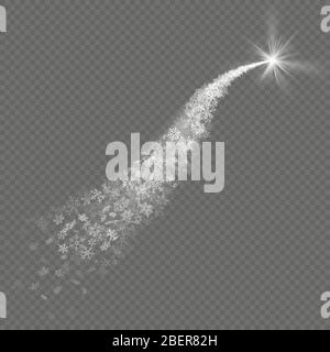 Light trace effect stars bursts with snowflakes isolated on transparent background. Glittering frosty stream of snow. EPS 10 Stock Vector