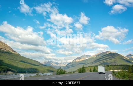 Driving on the Icefields Parkway between Banff and Jasper in the Canadian Rockies, Alberta, Canada Stock Photo