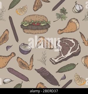 Meat products color seamless pattern featuring sketches of cold meats, sausages, hamburger, steak, chicken, vegetables. Stock Vector