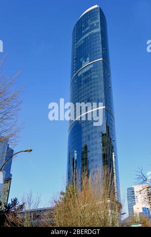 Vancouver, Canada - March 4, 2020: The unique looking tower of the Sheraton Wall Centre on Burrard Street downtown. It opened in 2001 is owned by the Stock Photo