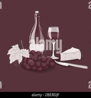 Table scene with wine bottle and glass, bunch of grapes and cheese. Stock Vector