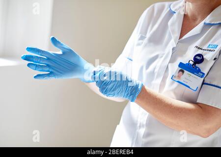 Nurse putting on vinyl gloves Stock Photo