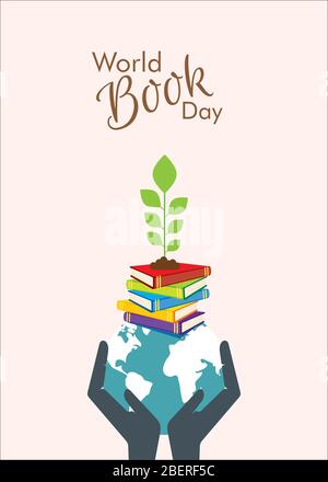 World book day illustration vector. Flat illustration of world globe hold in hand with stack of book and plant Stock Vector
