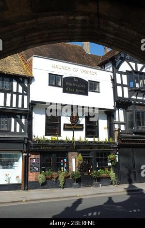 The Haunch of Venison public house in Salisbury UK. Possibly the oldest pub in Salisbury but certainly the most haunted according to many. April 2020. Stock Photo