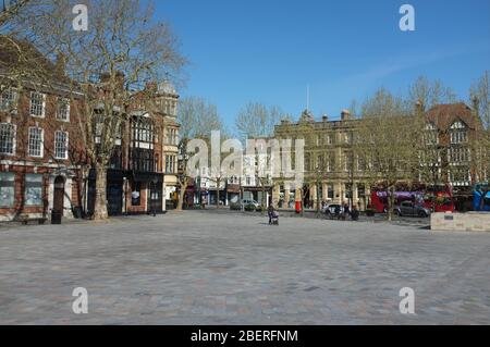 An empty market square in Salisbury UK on Tuesday market day due to coronavirus lockdown on 14th April 2020. Stock Photo