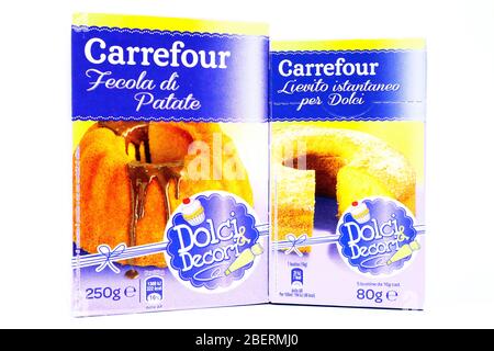 CARREFOUR Yeast, Leavening Agent and Potato starch. Sold by Carrefour Supermarket chain Stock Photo