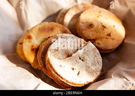 Gluten free chikpea flour chip cookies on recycled paper. Cooking sweet homemade cakes gluten free. Selective focus Stock Photo