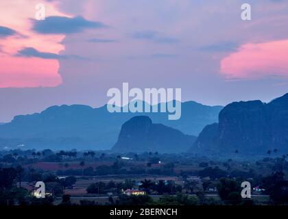 Vinales Valley at dusk, elevated view, UNESCO World Heritage Site, Pinar del Rio Province, Cuba Stock Photo