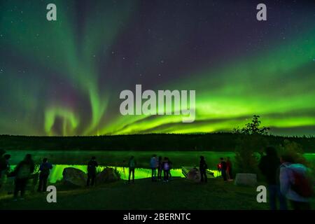 A group of tourists take in the northern lights at Madeline Lake, Canada. Stock Photo