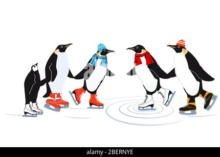 Penguins ice skating on the ice - vector illustration Stock Vector