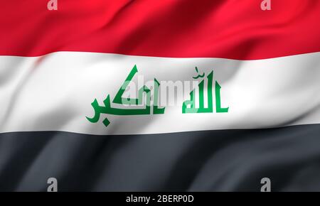 Flag of Iraq blowing in the wind. Full page Iraqi flying flag. 3D illustration. Stock Photo