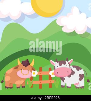bull flower wooden fence sun farm animal cartoon vector illustration ...