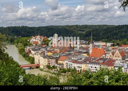 Aerial view of the historic old town of Wasserburg am Inn, Bavaria, Germany. Stock Photo