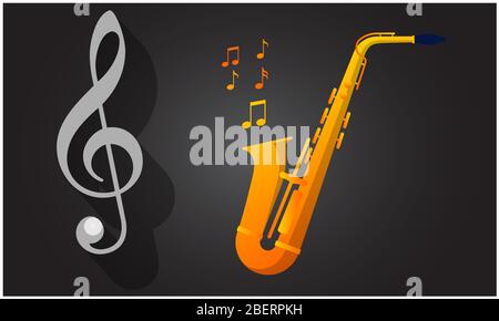 violin key and saxophone with music art on black art background Stock Photo