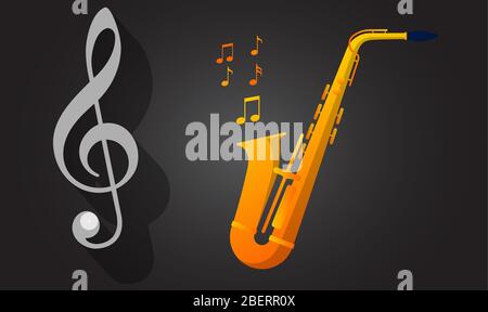 violin key and saxophone with music art on black art background Stock Vector
