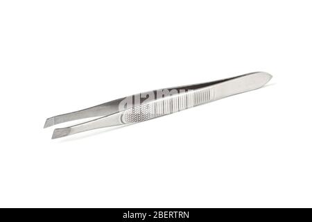 Metal tweezers close up isolated on white background Stock Photo
