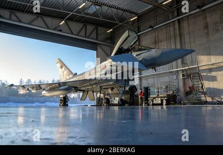 Italian Air Force Eurofighter Typhoon parked in the hangar. Stock Photo