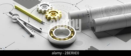 Mechanical engineering, industrial plan design concept. Engineering tools on technical drawings background. 3d illustration Stock Photo