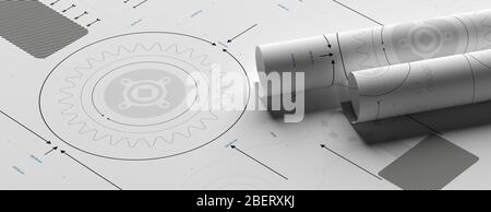 Technical drawings background. Mechanical engineering, industrial plan design, banner. 3d illustration Stock Photo