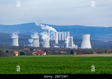 Bogatynia, Poland - April 15th 2020: Turow power station as seen from across the German border Stock Photo