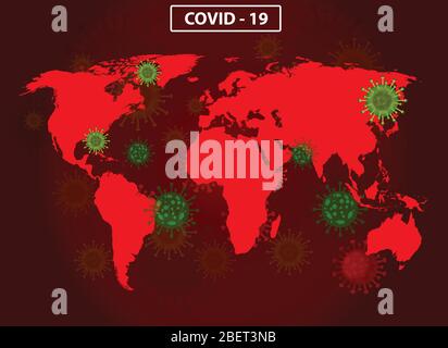 World map with covid-19 virus concept. Coronavirus is spread to all over the earth and infected to all countries. Vector illustration of red map desig Stock Vector