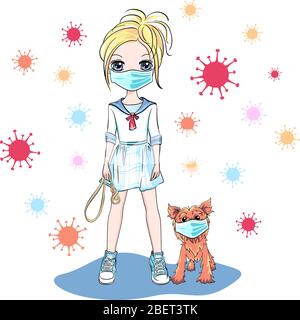 Vector cute blond girl walking a dog during coronavirus COVID-19 quarantine. Girl and dog in in protective masks. Stock Vector