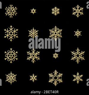 Set of sixteen shine relief golden snowflakes isolated on black background. New Year and Christmas card glittering decoration object. EPS 10 Stock Vector