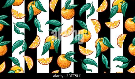 Hand-drawn Tropical seamless pattern with branch of oranges. Fruit repeated background. Vector bright print for fabric or wallpaper. Stock Vector