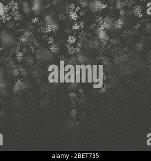 Realistic falling Christmas decoration snowflakes effect isolated on transparent background. Falling snow pattern. Magic white snowfall. EPS 10 Stock Vector