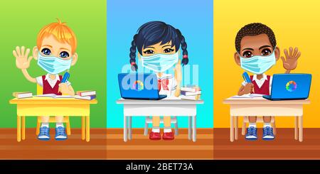 European, asian and african schoolkids in protective masks and school uniforms sitting at school desk during coronavirus COVID-19 quarantine Stock Vector