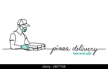 Pizza delivery, fast and safe. Vector web banner with deliveryman illustration holding pizza boxes. One continuous line drawing of deliveryman. Stock Vector
