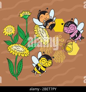 Vector illustration of a bee on a field among the flowers collect nectar on a brown background Stock Vector