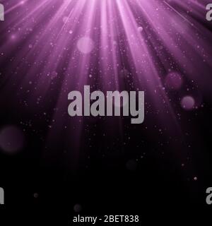 Abstract purple overlay effect. Shimmering object with rays background. Glow light falling down and light flare. Spotlights scene. EPS 10 Stock Vector