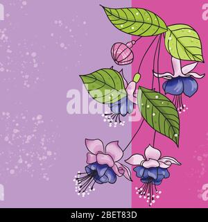 Vector illustration abstraction of blue fuchsia flowers with leaves on a lilac-pink background with brushstrokes of paint Stock Vector
