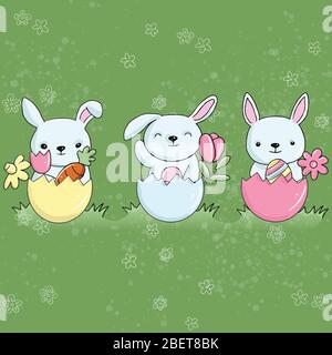Vector easter illustration of three rabbits with eggs in the meadow on a green background with flowers Stock Vector