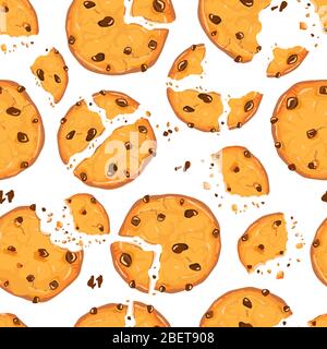 Seamless pattern with homemade choco chip cookies with chocolate crisps isolated on white background. Vector pattern in cartoon flat style Stock Vector