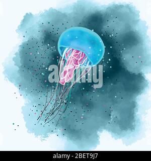 Vector illustration of a sea jellyfish in water in a watercolor style on a blue textured background Stock Vector